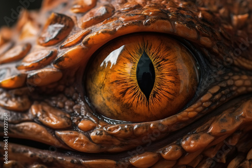 Close-up of a dragon's eye, lizard scales and yellow pupil looking at camera. Fantasy illustration, Generative AI