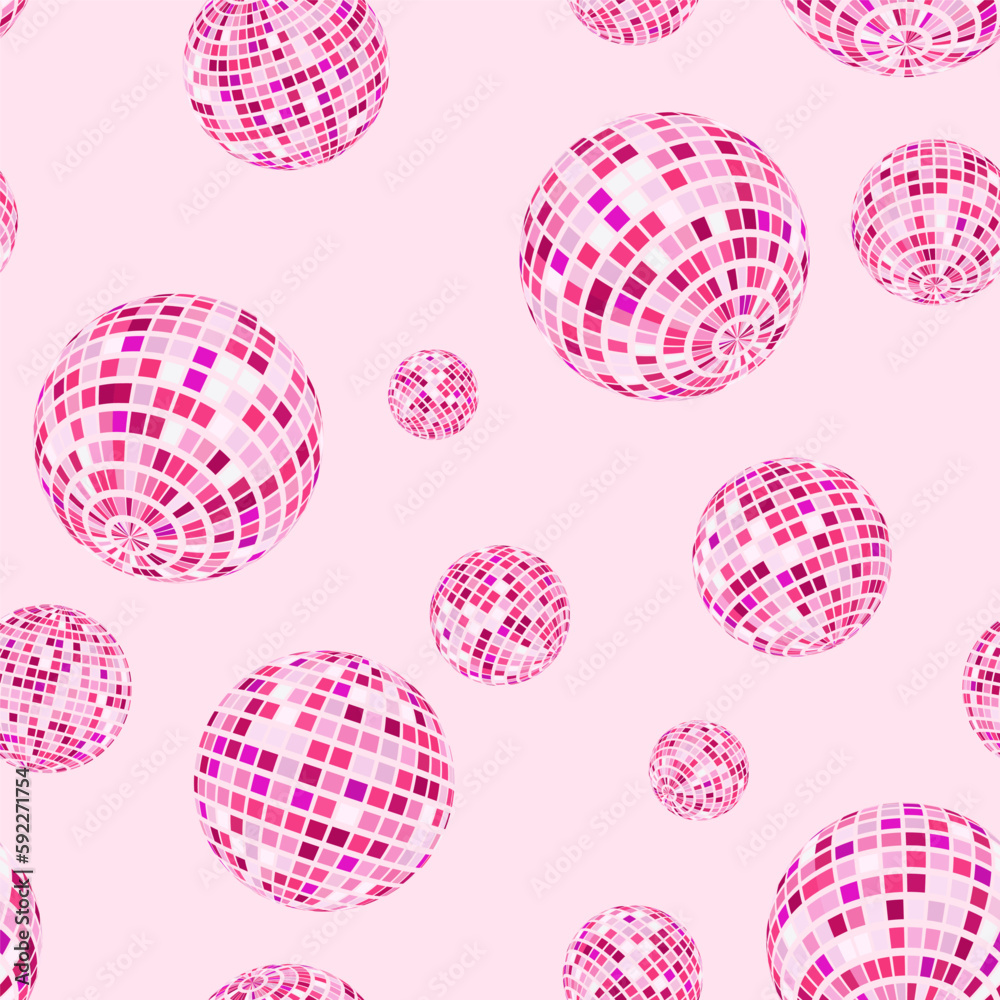 Disco balls seamless pattern in pink. Kitchen disco, boogie, 70s good vibes. Music, parties, festivals. Retro and vintage print.