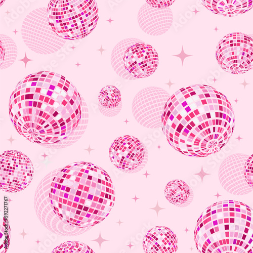 Disco balls seamless pattern in pink. Kitchen disco, boogie, 70s good vibes. Music, parties, festivals. Retro and vintage print.