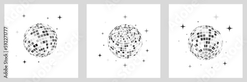 Set of shiny disco balls. Kitchen disco, boogie, 70s good vibes. Music, parties, festivals. Retro and vintage print.