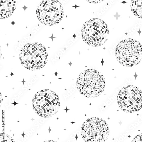 Disco balls seamless pattern in silver. Kitchen disco, boogie, 70s good vibes. Music, parties, festivals. Retro and vintage print.
