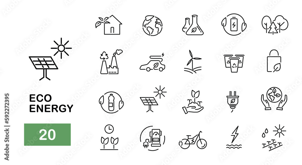 Renewable energy line icon. Set of eco energy vector icons. Collection of alternative energy icons.