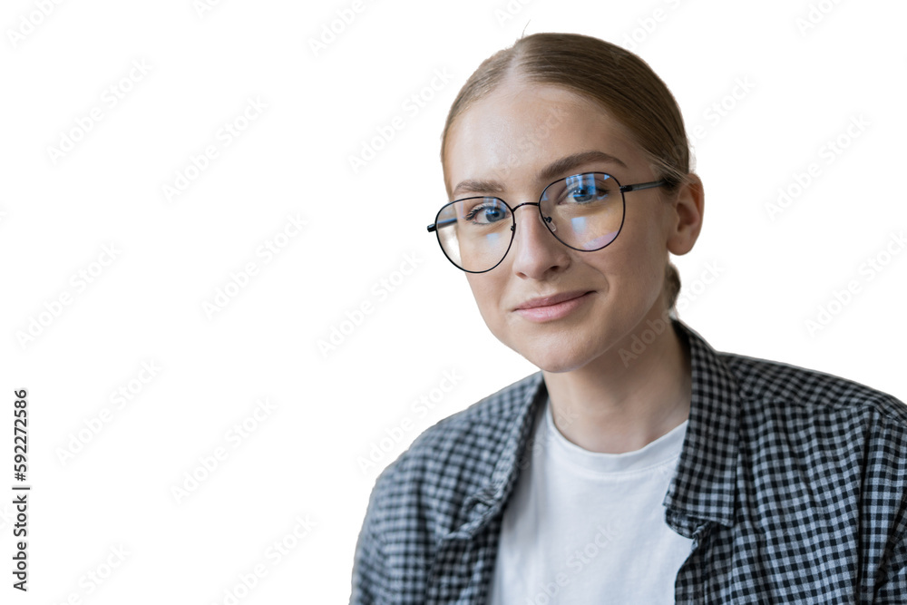 A business smart woman looks into the camera with glasses in a shirt, transparent background, isolated.