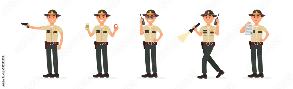 Male Sheriff in Police Uniform Doing His Job Vector Illustration Set