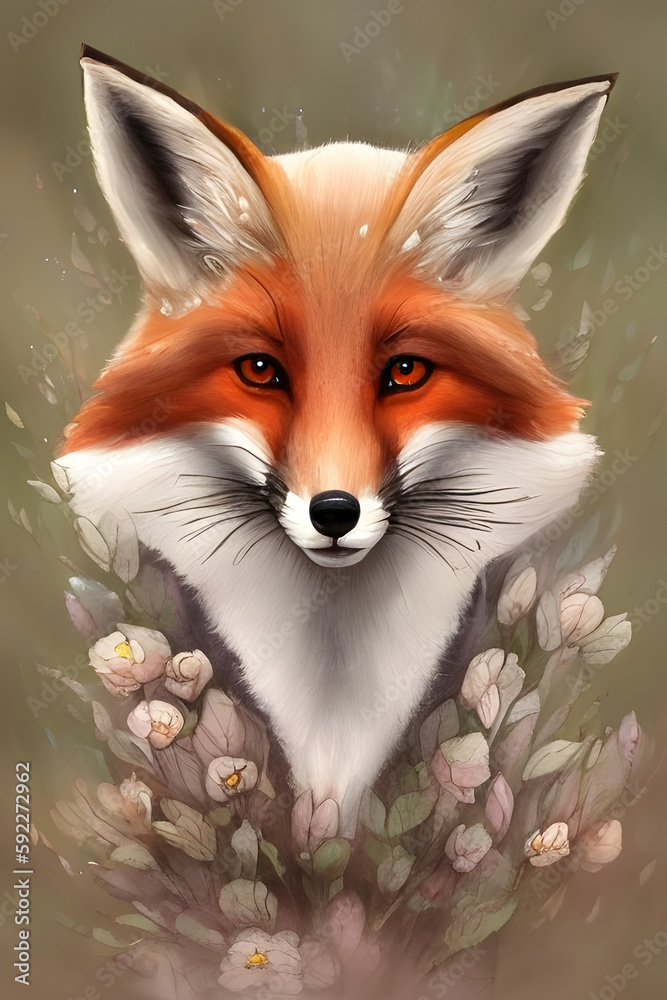 Fototapeta premium Beautiful fox with floral decor. Colorful wildlife portrait. Poster for spring holidays, generative AI.