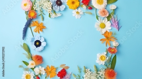 Cadre de fleur de printemps photo tr  s d  taill  e sur fond bleu copie espace mise    plat maquette