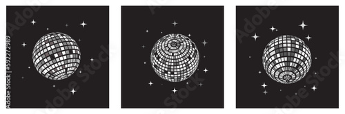Set of shiny disco balls. Kitchen disco, boogie, 70s good vibes. Music, parties, festivals. Retro and vintage print.