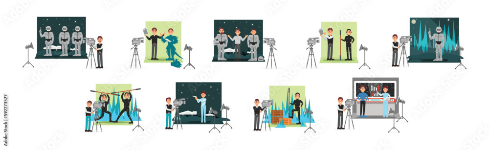Young Male Cameraman Filming Movie with Actor Wearing Costume Vector Illustration Set
