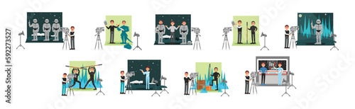 Young Male Cameraman Filming Movie with Actor Wearing Costume Vector Illustration Set