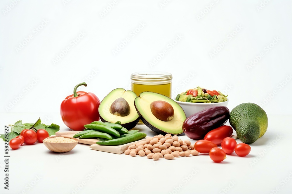 Healthy food on the white background isolated with copy space. Fruit, vegetable, seeds, superfood, leaf vegetable. Healthy eating concept. Generative AI Healthy food on the white background isolated with copy space. Fruit, vegetable, seeds, superfood, leaf vegetable. Healthy eating concept. Generative AI