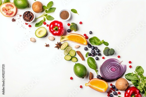 Healthy food on the white background isolated with copy space. Fruit  vegetable  seeds  superfood  leaf vegetable. Healthy eating concept. Generative AI