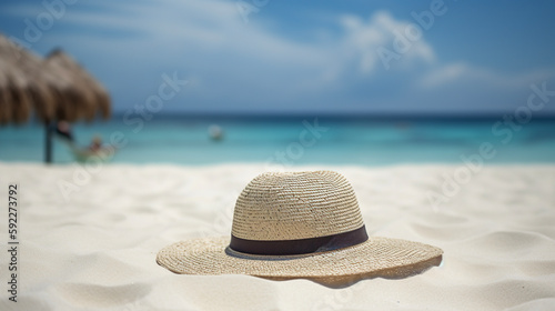 Hat on the beach with copy space. Tropical wallpaper. AI