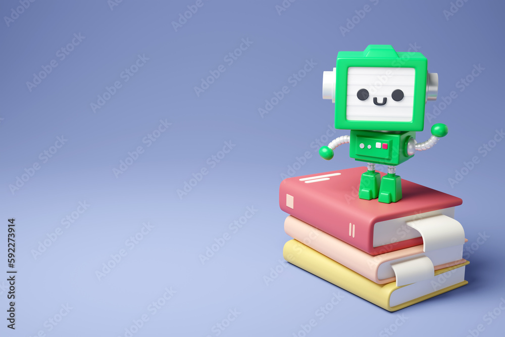 Obraz premium green AI robot and books 3d render