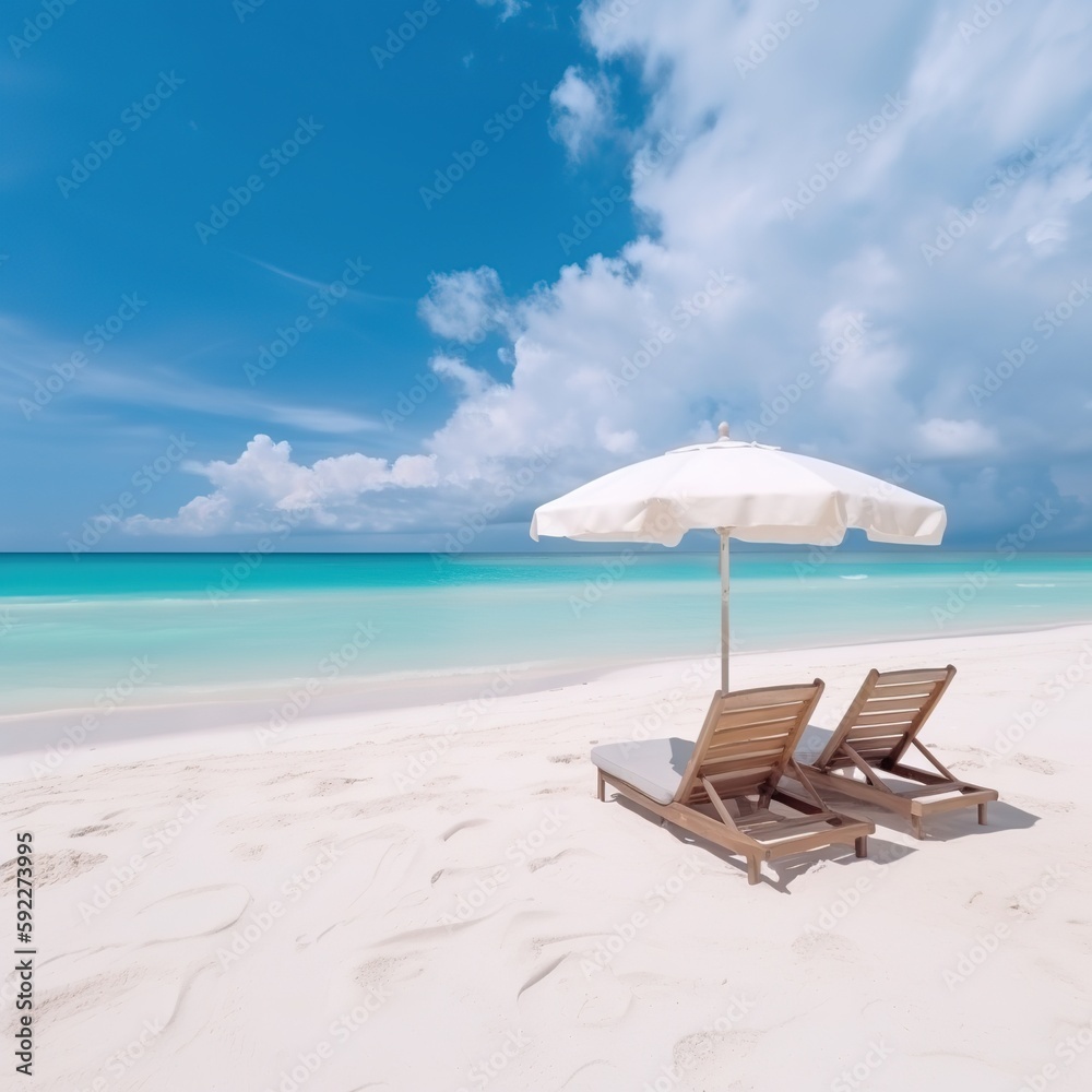 Beautiful beach banner. White sand, chairs and umbrella travel tourism wide panorama background concept. generative ai