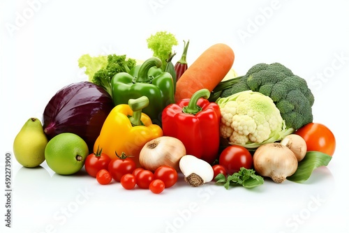 Healthy food on the white background isolated with copy space. Fruit  vegetable  seeds  superfood  leaf vegetable. Healthy eating concept. Generative AI
