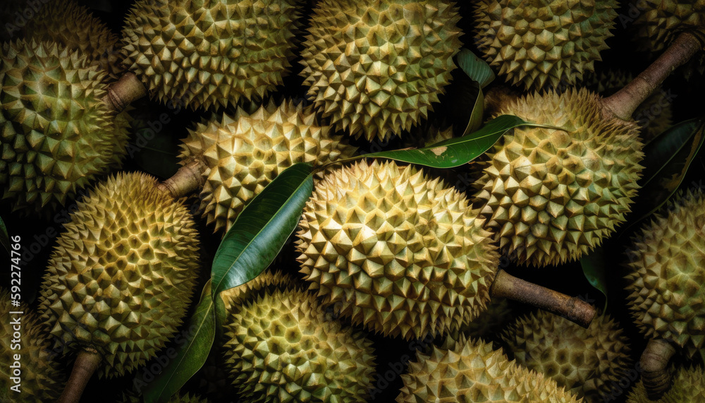 Close up of Durians in dark black background. Fresh fruit and Vegetable concept. Nutrition and vitamin theme. Generative AI Close up of Durians in dark black background. Fresh fruit and Vegetable concept. Nutrition and vitamin theme. Generative AI