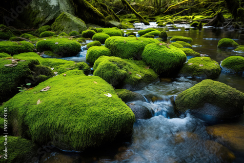 Moss covered stones near rushing river. Digitally generated AI image