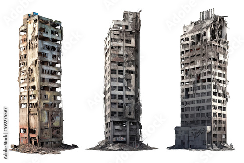 Set of ruined skyscrapers isolated on transparent background - Generative AI photo