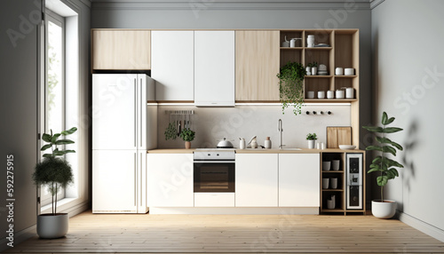 Modern light kitchen interior with furniture and kitchenware  white and wooden kitchen interior background  stylish kitchen  Generative AI