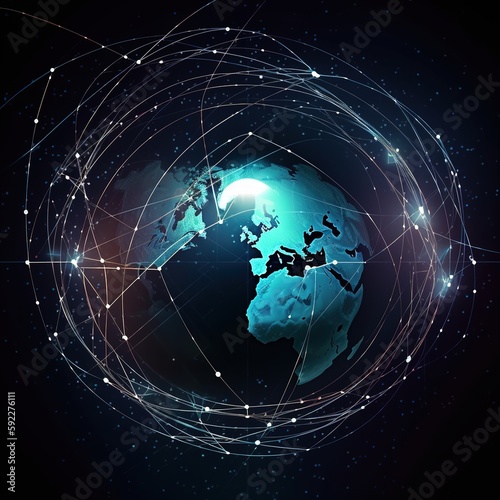Concept of global connectivity with lines connecting the world s communications networks circling Earth as seen from orbit. generative ai
