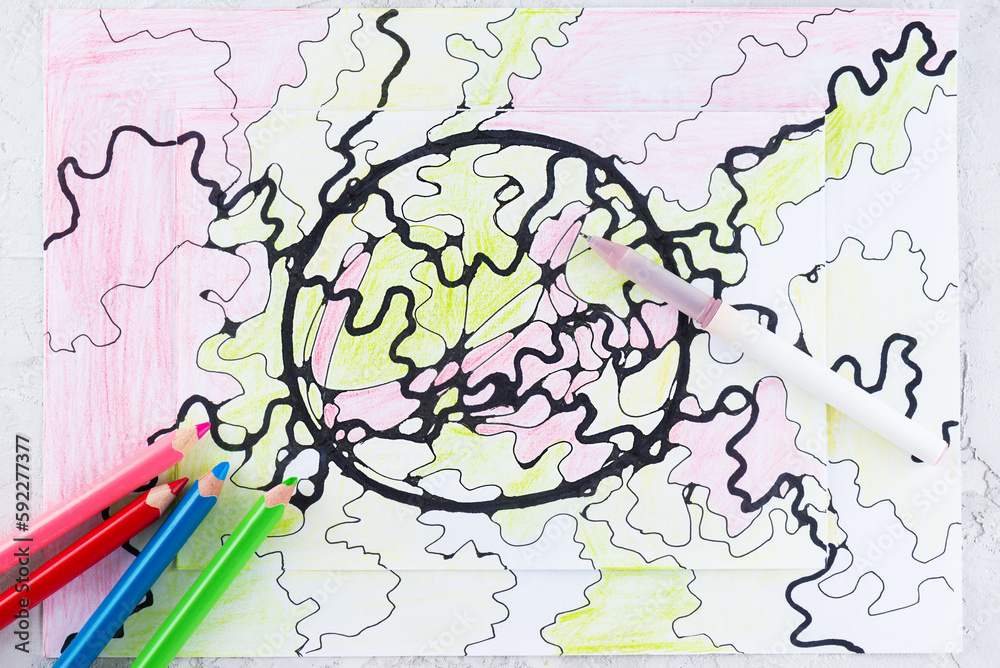 Neurographics drawing on paper with pen and colored pencils, psychological technique. Neurographics drawing on paper with pen and colored pencils, psychological technique.