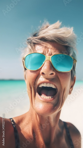 selfie of super happy older woman on vacation at beach wearing sunglasses, made with generative ai