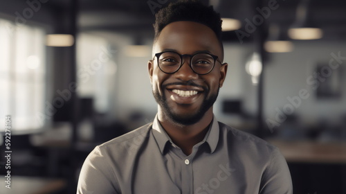 smiling portrait poc man wearing gray shirt at office job, made with generative ai