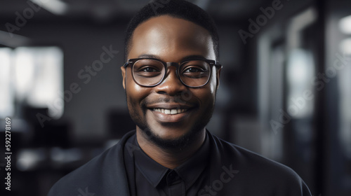 smiling portrait poc man wearing black suit at office job, made with generative ai photo