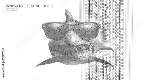 Ocean shark in sunglasses. Open toothy dangerous mouth with many teeth. Underwater blue sea waves clear water shark swims forward