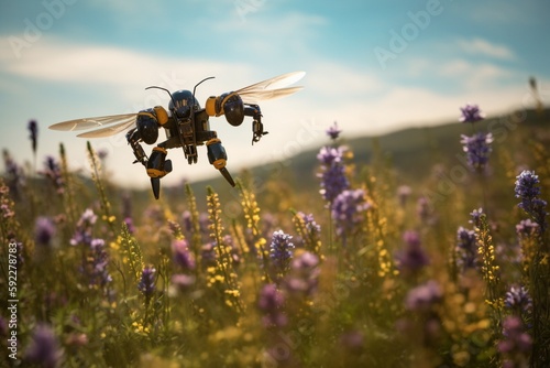 Engineering Nature: Mechanical Bees and Vibrant Flora in a Sustainable Ecosystem, Bee Robots safe our ecosystem