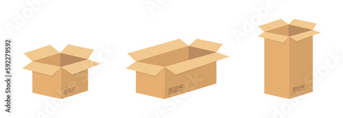 Set of different brown cardboard packaging boxes. Collection of cardboard box mockups. Shipping carton open and closed box with breakable signs. Parcel packaging template. Vector illustration