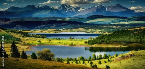 Land near Liptovsky Mikulas, Slovakia, with the Liptov area and its lake Liptovska Mara in the foreground and the Tatra Mountains in the backdrop. Generative AI photo