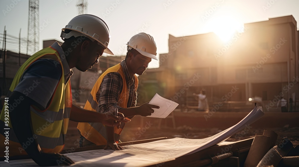 Construction Worker and Engineer Collaborating on blueprint Project at