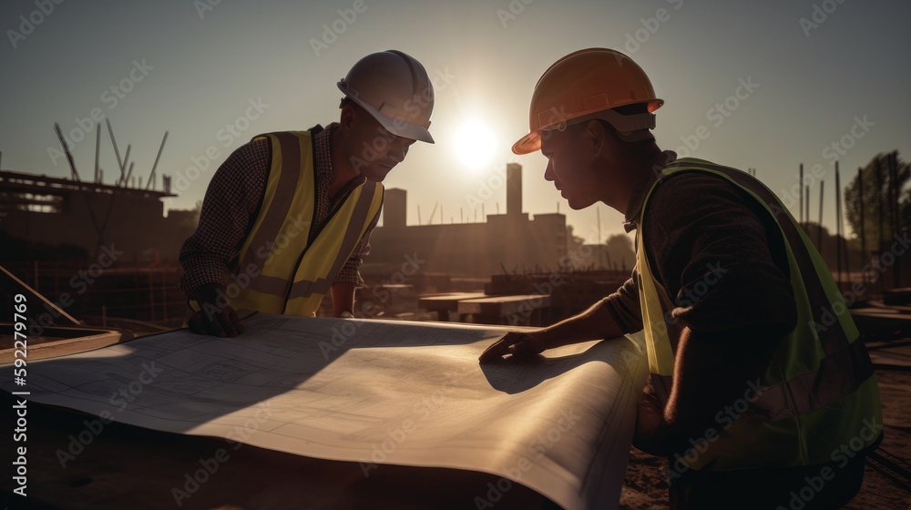 Construction Worker and Engineer Collaborating on blueprint Project at Job Site. Generative AI. Construction Worker and Engineer Collaborating on blueprint Project at Job Site. Generative AI.
