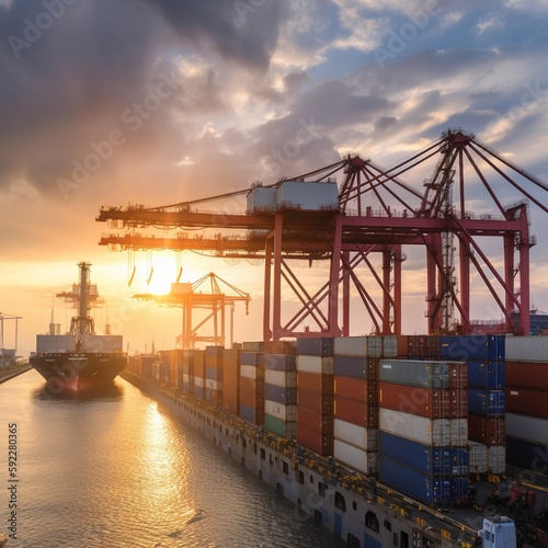 container cargo freight ship, crane is loading cargo containers into container ships in the international terminal of a sea port. generative ai
