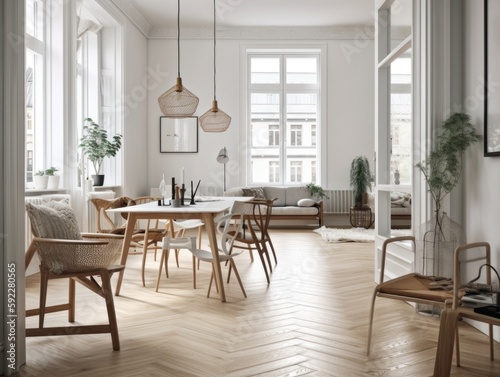 Scandinavian interier Stylish and scandinavian living room interior of modern apartment with gray sofa, design wooden commode, black table, lamp, photo