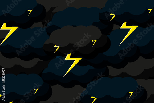 Big horizontal banner with lightning in the nighty sky. Stormy Clouds with Thunderbolt. Thunder. Storm night. Vector illustration.