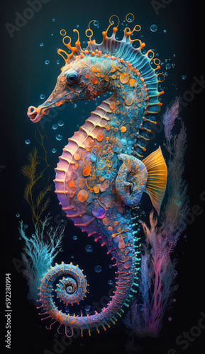Colorful seahorse illustration - Generative AI