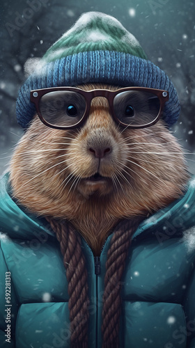 Nutria In Glasses And Wintery Clothing Hyperrealist Portrait Generative Ai Digital Illustration Part 130423