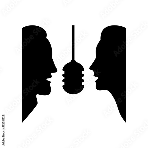 A man and a woman speak into a microphone.