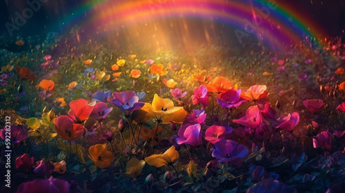 colorful spring’s flowers, over the beautiful wonderful rainbow, fantasy, romantic dreamy mood photo