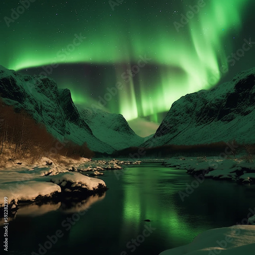 Northern lights over the fjord in winter. AI generated