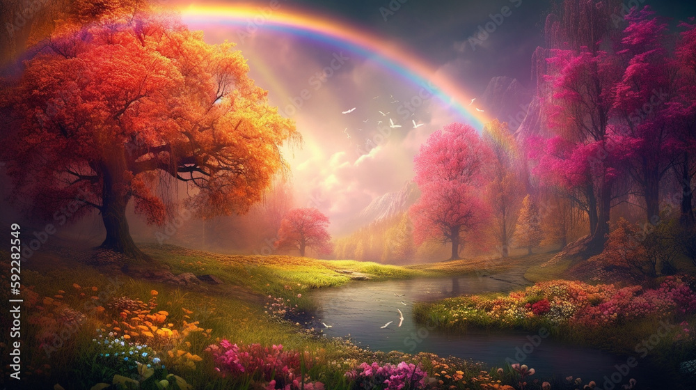 colorful spring’s flowers, over the beautiful wonderful rainbow, fantasy, romantic dreamy background