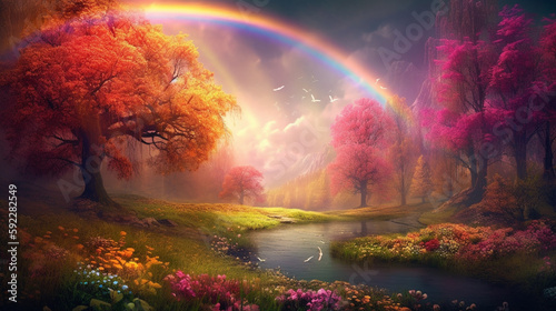 colorful spring’s flowers, over the beautiful wonderful rainbow, fantasy, romantic dreamy background photo