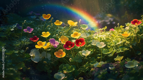 colorful spring’s flowers, leaves, nature, over the beautiful wonderful rainbow, fantasy, romantic dreamy mood