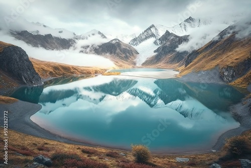 Svaneti's alpine Lake Okhrotskhali is surrounded by a hazy mountain environment and makes for a stunning picture. Generative AI photo