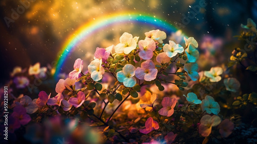 colorful spring’s flowers, leaves, nature, over the beautiful wonderful rainbow, fantasy, romantic dreamy mood © bahadirbermekphoto