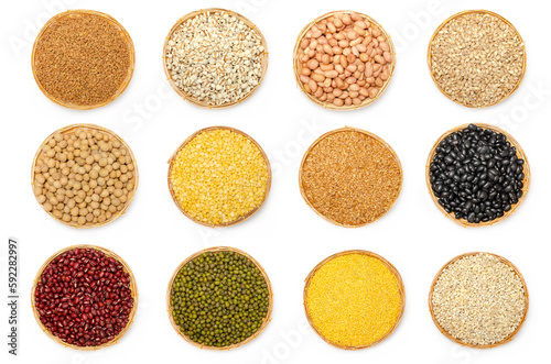 Collections of natural organic cereal and grain seed pile in wooden basket on white background for healthy food ingredient or agricultural product concept