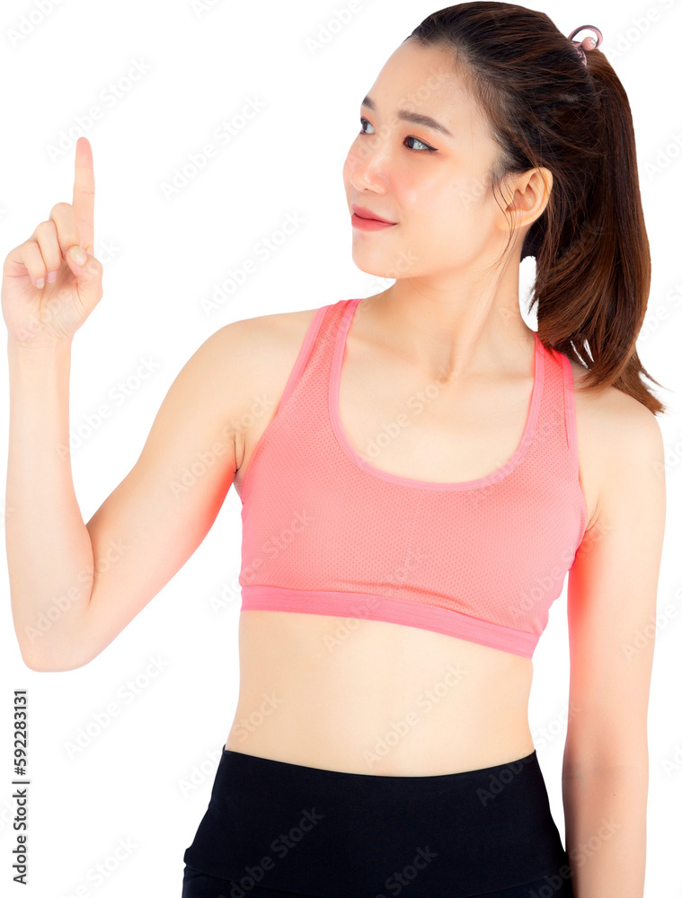 Beautiful portrait young asian woman in sport clothing with satisfied and confident, girl asia have wellness finger point something, exercise for fit with health concept. Beautiful portrait young asian woman in sport clothing with satisfied and confident, girl asia have wellness finger point something, exercise for fit with health concept.