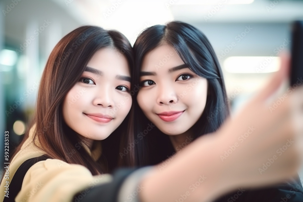 Young couple travelers selfie. Created with generative Ai technology. Young couple travelers selfie. Created with generative Ai technology.